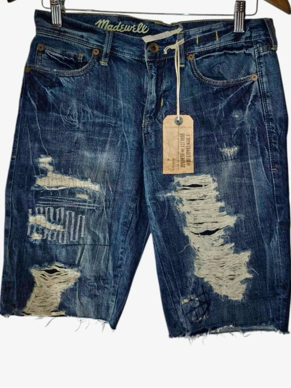 Madewell NWT Distressed Patchwork Denim Bermuda Shorts Size 26